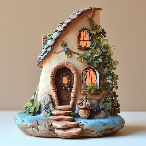 Made with intricate detailing and craftsmanship, these miniature houses are sure to impress even the most discerning collector. Gnome Houses, Craftsman Houses, Clay Fairy House, Ceramic Birdhouse, Fairy House Diy, Pottery Houses, Fairy Garden Crafts, Clay Fairies, Clay Houses