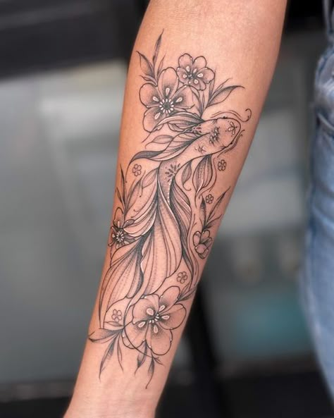 Koi Fish Arm Tattoo Women, Cool Tattoos For Women Half Sleeves, Koi Fish Forearm Tattoo, Koi Fish And Flower Tattoo, Forarm Tattoos Woman, Fairy Sleeve Tattoo, 1975 Tattoo, Side Hip Tattoos, 2023 Tattoo