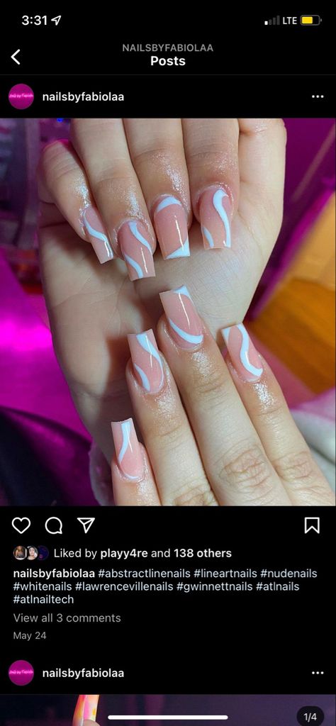 White Line Art Nails, Abstract Square Nails, Abstract Nail Art Simple, Abstract Lines Nails, Nude Nails With White Lines, White Abstract Nails, Abstract Line Nail Art, Abstract French Tip Nails, Line Nail Art