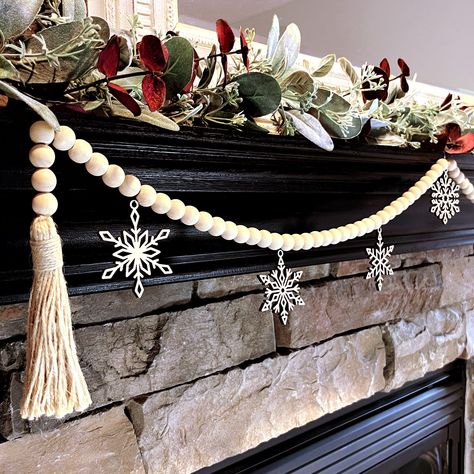 Wood Beaded Garland, Wood Garland, Winter Garland, Valentine Garland, Wood Snowflake, Winter Decorating, Wood Christmas Tree, Christmas Tree Garland, Tree Garland