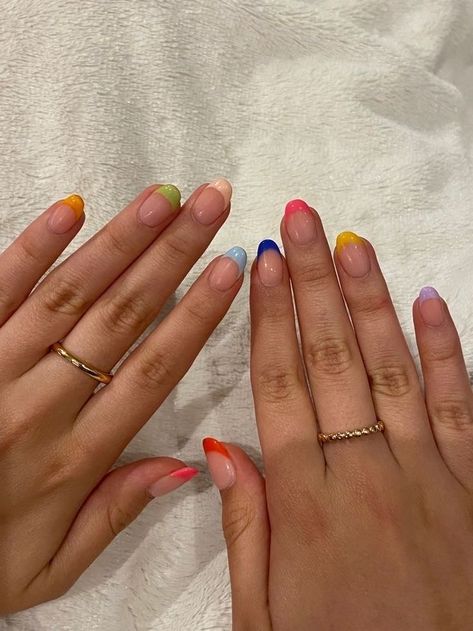 Colorful French Tip Short Nails, Simple Colorful Nails, Multi Color French Tip Nails, Multicolor French Tip, Taylor Swift Nails, Simple Gel Nails, Summery Nails, Simple Acrylic Nails, Cute Gel Nails