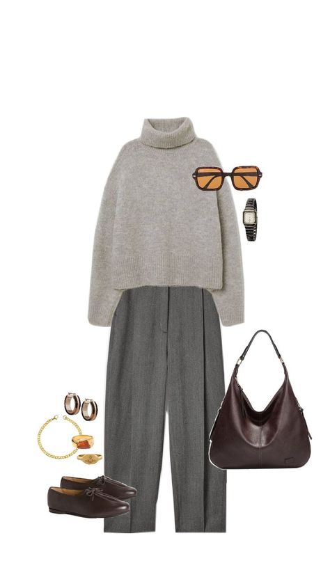 Stay effortlessly classy this Fall 2024 with a minimalist outfit perfect for a casual coffee date. ☕ 

A gray oversized high-neck knit paired with high-waisted pants creates a relaxed fit, while brown ballet flats and a matching leather bag add warmth.

Finish with simple gold jewelry for a chic and polished touch.  

#FallOutfit #Trends2024 #MinimalistFashion #RelaxedFit #GrayHighNeckKnit #HighWaistedPants #BrownBalletFlats #LeatherBag #SimpleGoldJewelry #ChicStyle #ClassyLook #EffortlessFashion #CoffeeDateOutfit #FallFashionInspo Brown Ballet Flats Outfit, Simple Gold Jewelry, Brown Ballet Flats, Ballet Flats Outfit, Coffee Date Outfits, Flats Outfit, Gold Jewelry Simple, Coffee Date, How To Look Classy