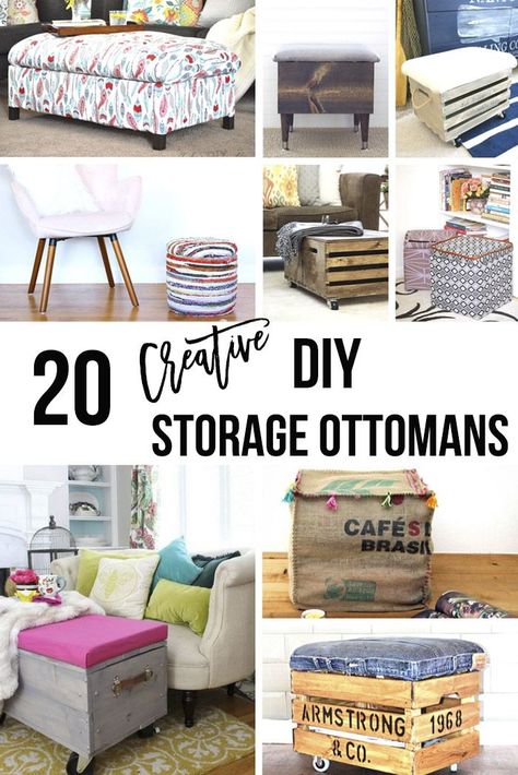 Wow! These ideas are so creative! Take a look at all these DIY storage ottoman ideas. DIY Upholstered storage ottomans, Storage ottomans from crates and furniture makeovers into storage ottomans. Diy Storage Ottoman Easy, Storage Stool Seat, Diy Storage Ottoman Coffee Table, Diy Storage Ottoman Bench, Nursery Furniture Layout, Ottoman Ideas, Crate Ottoman, Diy Storage Ottoman, Diy Ottoman