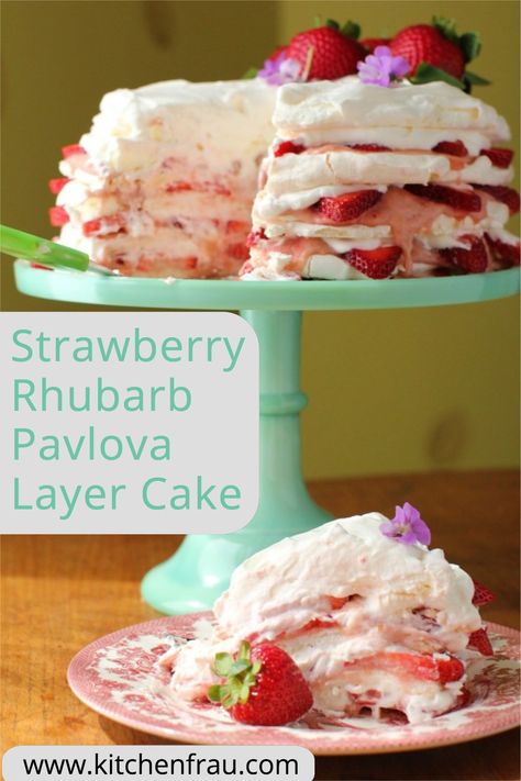 Time to celebrate with a luscious Strawberry Rhubarb Pavlova Layer Cake, this stunning dessert layers sweet meringue with tart rhubarb curd, strawberries, and cream. Strawberry Rhubarb Pavlova, Rhubarb Pavlova, Rhubarb Curd, Strawberries Whipped Cream, Best Rhubarb Recipes, Meringue Tart, Pavlova Cake, Rhubarb Cake, Rhubarb Recipes