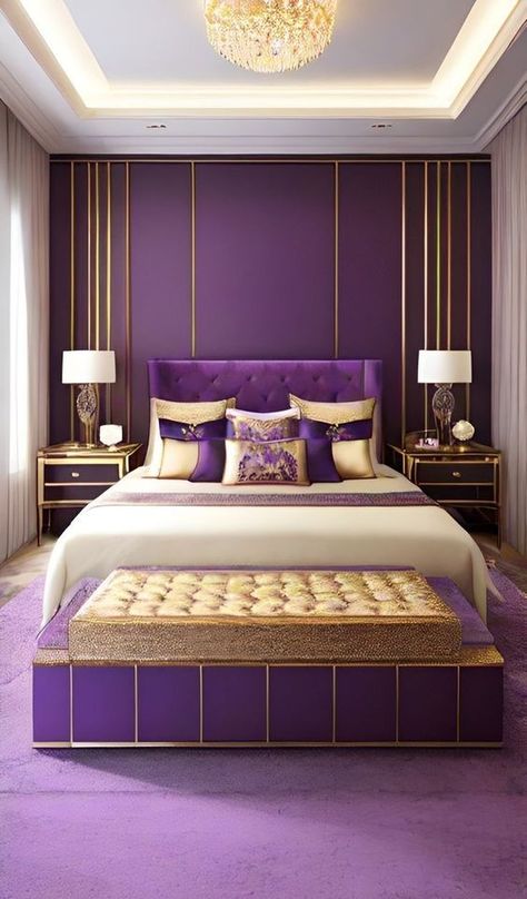 Purple And Gold Interior Design, Purple And Gold Furniture, Purple And Gold Bedroom Ideas, Bedroom Ideas Gold, Classic Bedroom Ideas, White Gold Bedroom, Gold Bedroom Ideas, Deco Violet, Grey And Gold Bedroom