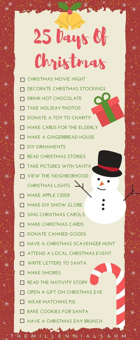 "25 Days of Christmas" bucket list that's full of activities the entire family will love. , Christmas Traditions, Christmas Bucket list, Christmas Family Traditions, Christmas Activities For Kids, Christmas Traditions To Start. Advent Calendar Christmas Holiday Traditions, Christmas Stocking Decorations, Christmas Movie Night, Christmas Bucket List, Christmas Bucket, Christmas Traditions Family, 25 Days Of Christmas, Christmas Activities For Kids, Navidad Diy