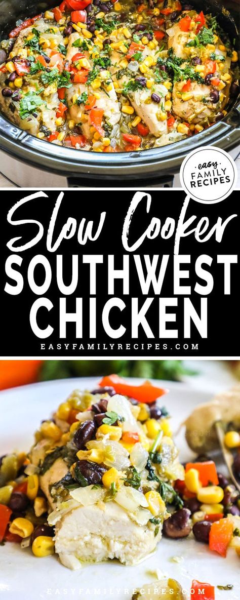 SO GOOD! This dump and cook crockpot dinner idea is a winner at our house! Southwest Chicken is easy to make in the slow cooker and a family friendly recipe the kids will love. Packed with lots of veggies and wholesome ingredients like red bell pepper, onions, corn, black beans and chicken breast seasoned to perfection, this recipe is one to make over and over again. Slow Cooker Recipes Family, Easy Crockpot Recipes Healthy, Beans In Crockpot, Chicken Breast Crockpot Recipes, Crockpot Chicken Breast, Chicken Crockpot Recipes Easy, Easy Family Recipes, Southwest Chicken, Chicken Breast Seasoning