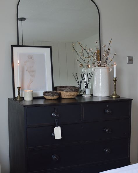 Styling Bedroom Dresser, Bedroom Panelling, Chest Of Drawers With Mirror, Dresser Styling, Black Chest Of Drawers, Thrifted Home, Chest Of Drawer, Wonderful Wednesday, Mirror Artwork