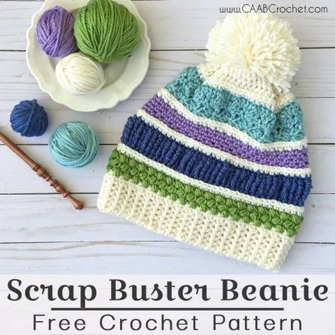 This free crochet hat pattern is both a scrap buster, as well as a stitch sampler! Use up some of your stash and learn some new stitches at the same time! #caabcrochet #freecrochetpattern #crochetbeanie Crochet Touque, Adorable Crafts, Crochet Headwear, Yarn Beanie, Crocheted Ideas, Crochet Children, Crochet Beanie Pattern Free, Headwear Accessories, Scrap Projects