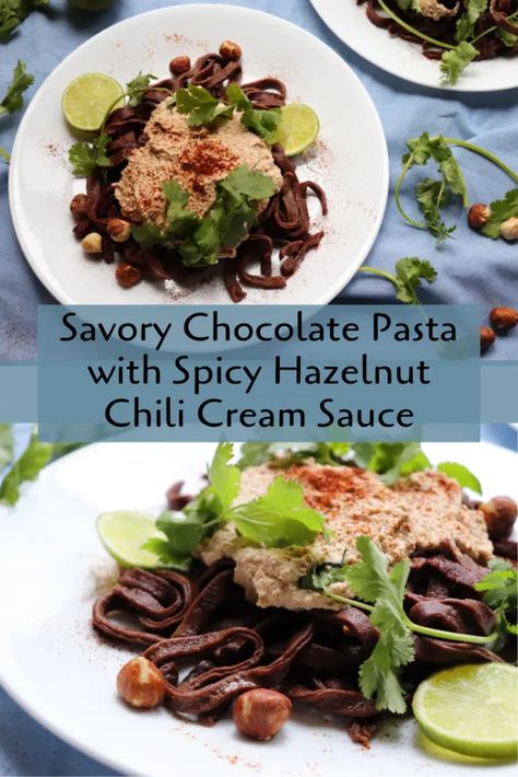 Savory Chocolate Pasta with Hazelnut Chili Cream Sauce - Very Vegan Val Savory Chocolate, Vegan Valentines, Chocolate Pasta, Chocolate Dishes, Creamy Mushroom Sauce, Vegan Chili, Chocolate Party, Dinner At Home, Pasta Maker