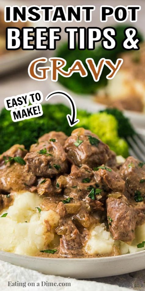 This instant pot beef tip recipe is out of this world! The beef is tender and the gravy is delicious! Try beef tips over rice or pasta. Beef Tips In Instant Pot, Instant Pot Beef Tips And Gravy, Beef Tip Instant Pot Recipes, Beef Tips Over Rice, Instant Pot Beef Tips, Breakfast Crockpot, Beef Tips And Rice, Beef Tips And Noodles, Instant Pot Stew