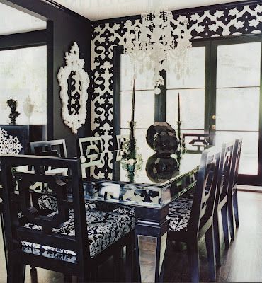 Nicky Hilton's formal dining room, featuring our mirrored St. Tropez Dining Table and Hollywood Dining Chairs :: Room Service Store Rock N Roll Living Room, Hollywood Glamour Decor, Black And White Dining Room, Damask Decor, Glamour Decor, Nicky Hilton, Black And White Interior, Black Dining Room, White Dining Room