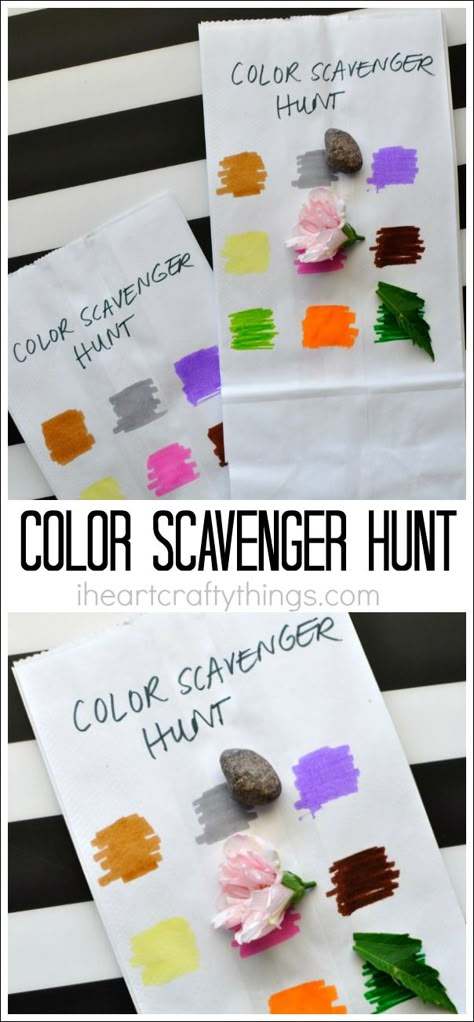 This simple color scavenger hunt for kids is unbelievably easy to throw together last minute and the kids have fun with it every single year. Great outdoor activity for kids, summer activity for kids, kids camping activity, color learning activity, and preschool color activity. Color Scavenger Hunt, Aktiviti Prasekolah, Preschool Color Activities, Babysitting Activities, Camping Activities For Kids, Aktiviti Kanak-kanak, Preschool Colors, Scavenger Hunt For Kids, Scavenger Hunts