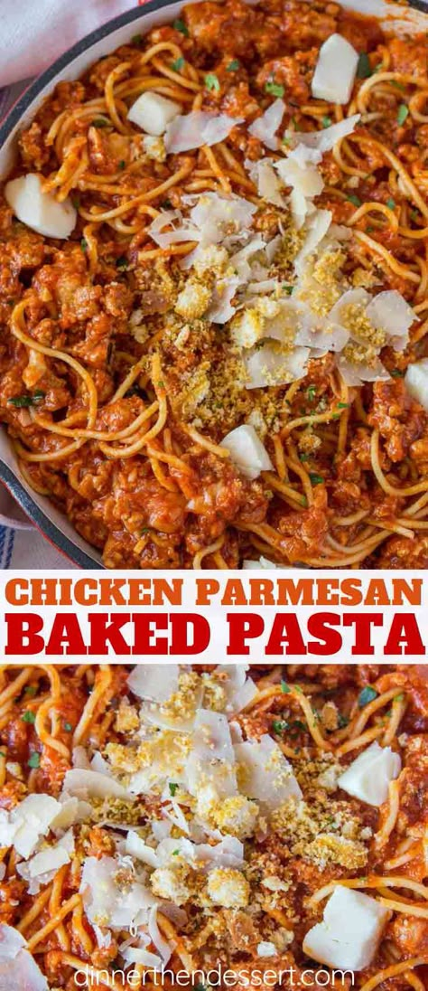 Chicken Parmesan Pasta made in just 30 minutes with ground chicken, pasta, mozzarella and Parmesan cheese baked in a skillet with easy Marinara sauce. | #chickenparm #chicken #groundchicken #parmesan #italianfood #pasta #dinner #easydinner #dinnerthendessert Ground Chicken Pasta, Pasta Mozzarella, Parmesan Noodles, Chicken Recipes Pasta, Pasta Marinara, Easy Marinara Sauce, Pasta Recipes Easy, Chicken Parmesan Pasta, Chicken Pasta Bake