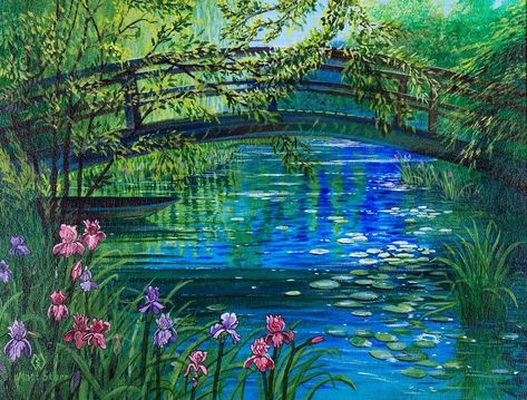 Pond Painting, Bridge Painting, Claude Monet Art, Bridge Art, Monet Art, Lake Painting, Scenery Paintings, Custom Painting, Art Contest