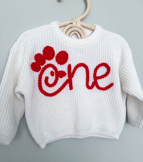 Custom Hand Embroidered Birthday Sweaters Are you looking for a sweater to fit the theme for your little one's birthday? Let's create a design that matches what you are looking for together!  MATERIALS/FIT: This set of hand embroidered sweaters are completely customizable and come in different colors. These sweaters have an oversized fit/feel, are 100% cotton, and a knit material, so they do have a stretch to them. See approximate measurements below:  Size/Length/Chest      * 0-3 M / 11 in / 12 Embroidery Sweater Diy, Embroidered Sweaters, Name Sweater, Birthday Sweater, Sewing Machine Projects, Custom Sweaters, Kids Jumpers, Embroidery Sweater, Milestone Birthday