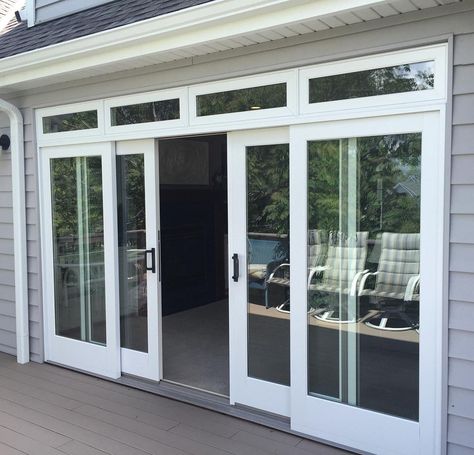 Finishing up this beautiful 4-wide Andersen E-Series sliding French door with Transom today. This thing is built like a tank and way more energy efficient than what was there to begin with. #windowoptionspecialists #frenchdoors #andersenwindows #slidingdoors #dreamhome #doorreplacement #mylnk #construction https://www.instagram.com/p/BUNG1HVFQZc/ via windowoptionspecialists.com Anderson Doors, Double Sliding Patio Doors, Interior Sliding French Doors, Sliding French Doors Patio, Double Patio Doors, Timber Sliding Doors, French Patio, Sliding French Doors, Sliding Doors Exterior