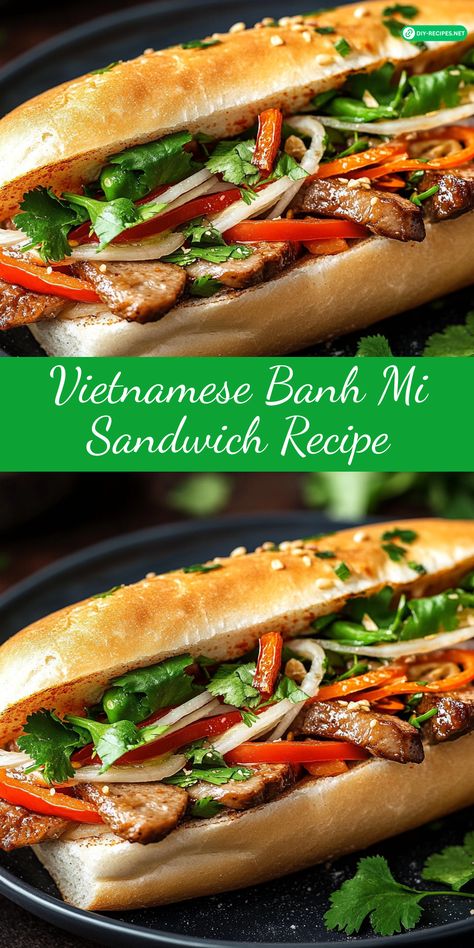 Satisfy your cravings with this Vietnamese Banh Mi sandwich recipe. Enjoy tender pork, fresh herbs, and spicy mayo on a crispy baguette! Asian Pork Sandwich, Pork Vietnamese Recipe, Vietnamese Caramel Pork, Vietnamese Sandwich Banh Mi Pork, Ba Minh Sandwich Recipe, Bun Vietnamese Recipe, Ban Mi Sandwich Recipe Pork, Bang Mi Sandwich, Bahn Mi Pork