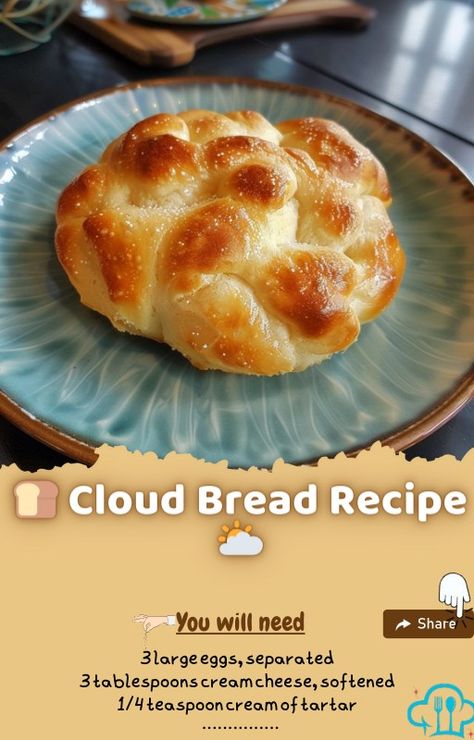 🍞 Cloud Bread Recipe 🌥️ Looking for a light and fluffy alternative to traditional bread? Dive into the whimsical world of Cloud Bread - a low-carb, gluten-free delicacy that's as airy as a cloud! Whether you're following a specific diet or simply looking for a creative twist on bread, this easy-to-make recipe will have you floating on cloud nine. Are you ready to whip up a batch of this ethereal delight? Let's get baking! 🥚🌾 Ingredients: 3 large eggs, separated 3 tablespoons cream cheese, ... Cloud Bread Recipe 3 Ingredients, Cloud Biscuits, Cloud Bread Recipe, Bread Alternative, Cream Cheese Bread, Cheese Buns, Bread Alternatives, Cloud Bread, Rosemary Garlic