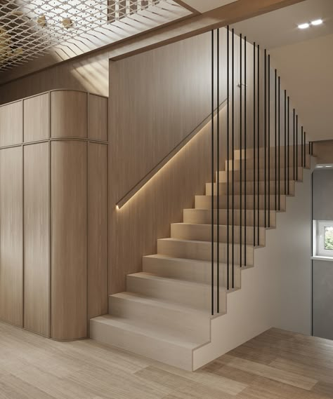 Trendy Staircase Ideas, L Staircase Design, Luxury Home Stairs, Fluted Staircase Wall, Big Hallway Ideas Entrance, Modern House Staircase, Backyard Landscaping Modern, Apartment Stairwell, Interior Design Staircase