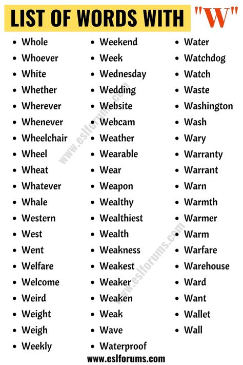 Words that Start with W | List of 140+ Words Starting with W - ESL Forums Best Scrabble Words, New Year Words, Top Lyrics, Scrabble Words, List Of Words, English Verbs, Good Vocabulary Words, Good Vocabulary, English Writing Skills