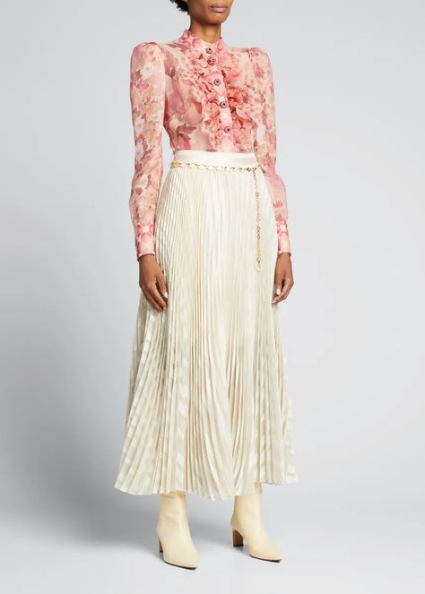 T2654 Zimmermann Burnout Sunray Pleated Long Skirt Puffed Long Sleeves, Pleated Long Skirt, Maxi Skirts, Button Shirt, Bergdorf Goodman, Long Skirt, Lace Skirt, Evening Gowns, Maxi Skirt