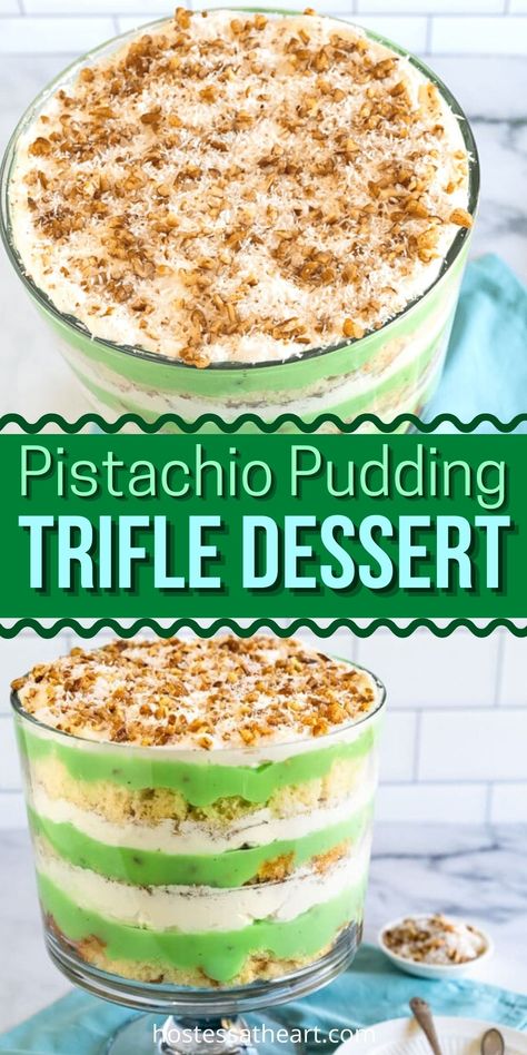 Pistachio Pudding Trifle Dessert Recipe is easy to make ahead and has delicious layers of angel food cake, creamy pistachio pudding, sweet whipped cream, and a mix of crunchy toasted coconut and pecans. Pistachio Pudding Trifle Dessert Easy | Pistachio Pudding Trifle Dessert Recipe | Easter Trifle Desserts, Pistachio Recipes Desserts, Pistachio Pudding Cake, Pudding Trifle, Pistachio Dessert Pudding, Trifle Bowl Recipes, Trifle Dessert Recipes, Pistachio Dessert, Sweet Whipped Cream