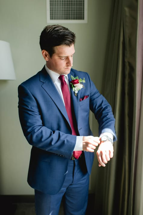 Navy Blue Suit Burgundy Tie, Navy Blue Suit Red Tie, Blue Suit Red Tie Wedding, Navy And Burgundy Suit, Groom Blue Suit Wedding, Suit With Red Tie, Best Wedding Suits For Men, Burgundy Wedding Dress, Pink And Burgundy Wedding