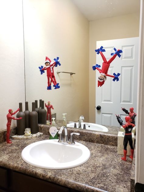 Elf With Spiderman, Elf On The Shelf With Spiderman, Avengers Elf On The Shelf Ideas, Spider Man Elf On The Shelf Ideas, Spidey Elf On The Shelf, Elf On The Shelf Double Trouble, Elf On The Shelf Siblings, Marvel Elf On The Shelf Ideas, Elf And Spiderman