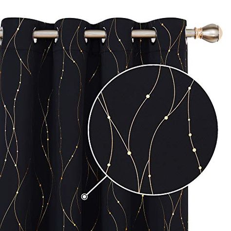 Deconovo Blackout Window Curtains Wave Line with Dots Gold Foil Print Grommet Curtains for Bedroom and Living Room 52... Black And Gold Curtains, Thermal Drapes, Black Blackout Curtains, Small Curtains, Blackout Panels, Gold Curtains, Insulated Curtains, Curtains For Living Room, Black Curtains