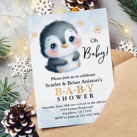 Cute Penguin Baby Shower Invitation Polar Bear Baby Shower, Penguin Baby Showers, Unique Baby Shower Themes, Winter Baby Shower Themes, Penguin Theme, Bear Baby Shower Theme, Penguin Baby, Baby Shower Party Games, Baby Bar