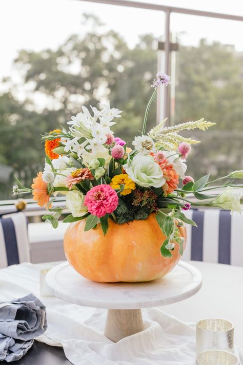 How to Make a Pumpkin Flower Arrangement - Darling Down South Flowers In Pumpkins, Pumpkin Flower Arrangements, Pumpkin Flower Arrangement, Thanksgiving Floral Arrangements, Pumpkin Bouquet, Pumpkin Flowers, Pumpkin Floral Arrangements, Wet Flowers, Oopsie Daisy