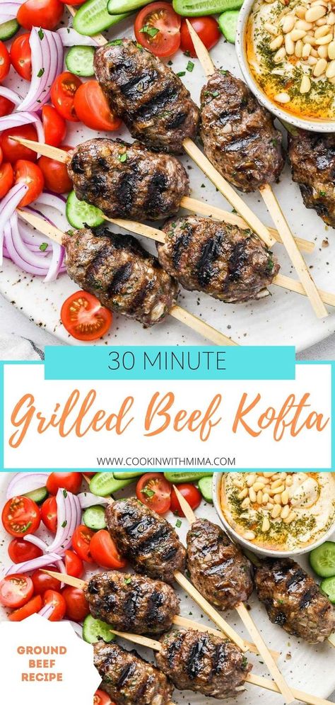 This homemade beef kofta recipe is so good! I love making this dish because it is packed with flavor. Made with ground beef, minced onions, and some seasoning, they come together so quickly. Shaped into an oblong shape and placed in skewers for grilling, you’ll be enjoying this recipe in no time. This grilled beef recipe is perfect for busy nights or an al fresco dinner on the weekend. Ground Beef Recipes Summer, Kafta Recipe, Beef Kafta, Beef Kofta Recipe, Beef Kofta, Grilled Recipes, Kofta Recipe, Beef Kabobs, Beef Skewers