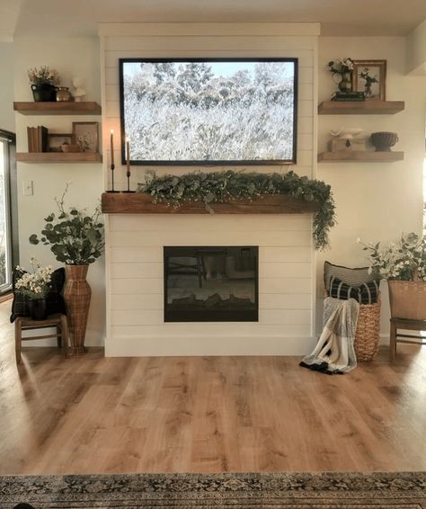 Farm House Gas Fireplace, Living Room Fireplace Mantel Decor, Shiplap Fireplace Bedroom, Farmhouse Modern Fireplace Ideas, Farmhouse Fireplace Mantels With Tv, Fireplace Mantle Shiplap Wall, Diy Fireplaces Ideas, Farmhouse Fireplace With Tv Above, Small Fireplace Mantle Decor With Tv