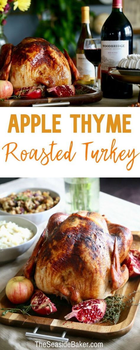 A Turkey Recipe your guests will rave about! | Apple Thyme Roasted Turkey | Make this Thanksgiving or Christmas Holiday meal memorable!  | #TurkeyRecipe #Thanksgiving #Christmas #turkey #holidays #holidayrecipes #Thanksgivingrecipe | See this and other delicious recipes at TheSeasideBaker.com Apple Turkey Recipes, Turkey Apple, Christmas Turkey Recipes, Thanksgiving Food Sides, Pumpkin Spice Recipe, Christmas Turkey, Baked Turkey, Turkey Recipes Thanksgiving, Turkey Recipe