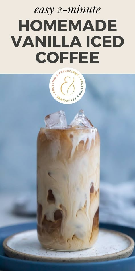 This easy iced coffee recipe with vanilla simple syrup is better than Starbucks! You can easily make this vanilla coffee at home in about 5 minutes. Spend less time and less money in the mornings with your own simple vanilla iced coffee recipe! Iced Coffee With Oatmilk Recipe, Ice Coffee With Instant Coffee, Simple Iced Coffee Recipe, Easy Ice Coffee Recipe, Healthy Iced Coffee Recipe, Chia Tea Recipe, Iced Drink Recipes, Ice Coffee At Home, Easy Iced Coffee Recipe