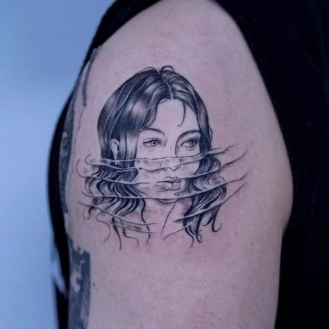 Woman in water by Oozy Tattoo private studio Seoul Head In Water Tattoo, Head Above Water Tattoo, Woman In Water Tattoo, Water Reflection Tattoo, Oozy Tattoo, Woman In Water, Reflection Tattoo, Feminine Face, Water Tattoo