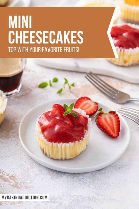 These adorable mini cheesecakes are always the hit of any party! Top these little beauties with anything from pie filling to caramel sauce to fresh fruit – you can’t go wrong. Vanilla Cheesecake Recipes, Cheese Cake Recipe, Individual Cheesecakes, Mini Pumpkin Cheesecake, Turtle Cheesecake, Pecan Cheesecake, Mini Cheesecake Recipes, Vanilla Filling, Vanilla Cheesecake