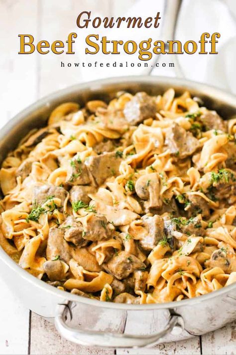 {sponsored} This gourmet beef stroganoff is off-the-charts good. Only the best of the best ingredients used including beef tenderloin (filet mignon), fresh wild mushrooms, crème fraîche, fresh dill, cognac and Pacific Foods Organic Low Sodium Beef Broth. This is NOT your mama's beef stroganoff! Simply amazing! #howtofeedaloon @PacificFoods Beef Tenderloin Filet Mignon, Best Beef Stroganoff, Beef Stroganoff Crockpot, Roasted Tomato Basil Soup, Stroganoff Recipe, Beef Tenderloin, Beef Stroganoff, Eat Smarter, Beef Dishes