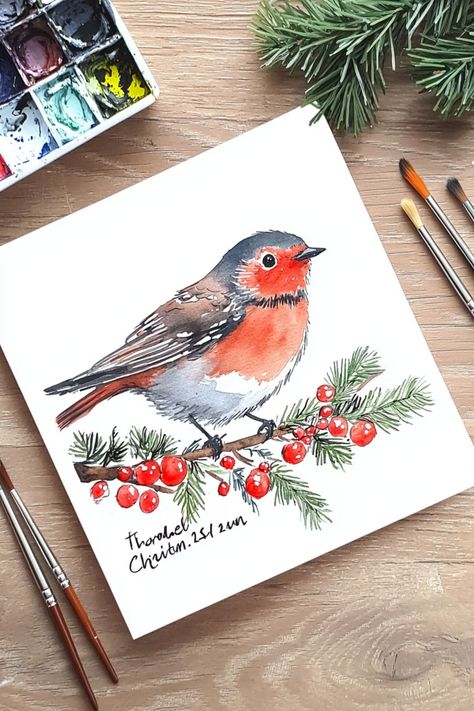 Hand-painted robin Christmas card with red berries on a branch, creating a festive holiday look. Robin Christmas Card Handmade, Robin Christmas Card, Christmas Watercolour Painting, Blue Christmas Cards, Hand Painted Christmas Cards, Watercolor Christmas Cards Diy, Christmas Cards Ideas, Handpainted Christmas Ornaments, Painted Christmas Cards