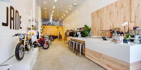 Motorcycle Showroom Interior, Motorcycle Showroom Design, Brooklyn Cafe, Automobile Exhibition, Coffee Gallery, Motorcycle Store, Garage Loft, Motorcycle Apparel, Motorcycle Shop