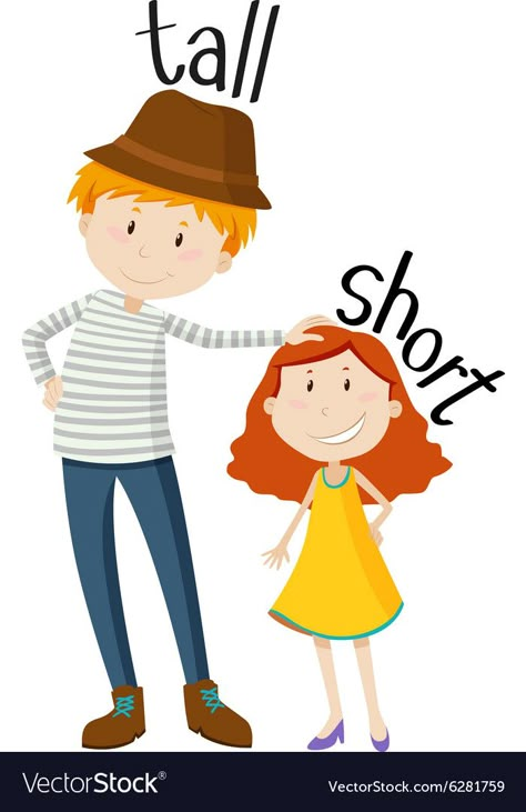 Opposite adjectives tall and short Royalty Free Vector Image Opposites For Kids, Opposites Preschool, Tall And Short, Teach English To Kids, English Activities For Kids, Opposite Words, Learning English For Kids, Flashcards For Kids, Kids English