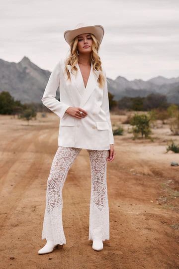 JUST IN: Introducing Malibu Cowboy for the Bride. Bachelorette Bound? Reception Dinner? We got you. Shop now #bridesofthetribe White Lace Pants, 12th Tribe, Satin Blazer, Satin Trousers, Lace Pants, The Madison, Concert Fits, Everyday Chic, Oversized Blazer