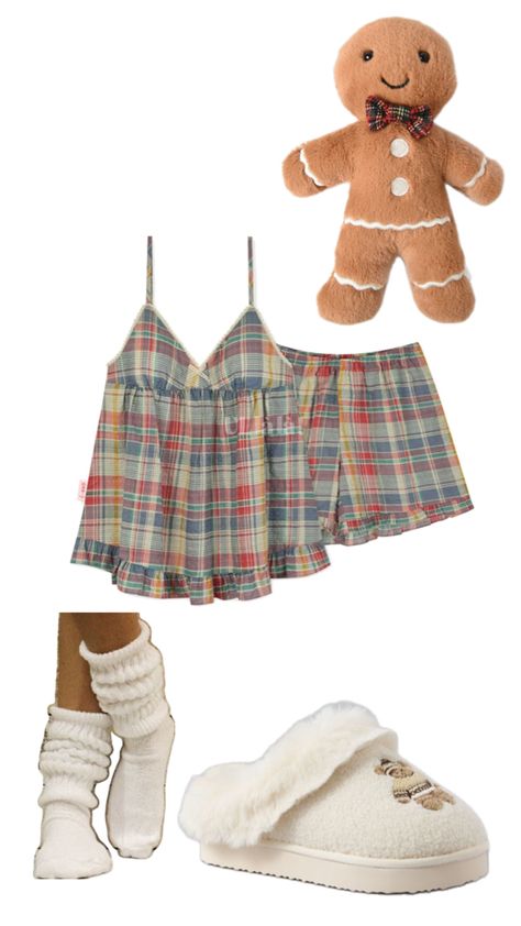 gingerbread, slippers, christmas, pajama set, pj set, fluffy socks Cute Pajamas Christmas, Christmas Pj Party Outfit, Pj Party Outfit, Cute Christmas Pjs, Christmas Girls Night, Outfit Pajamas, Cozy Christmas Outfit, Pj Outfit, Christmas Pajama Party