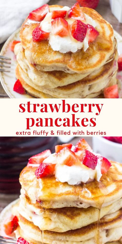 Strawberry Pancakes Recipe, Greek Yogurt Pancakes, Strawberry Pancakes, Strawberry Breakfast, Delicious Pancakes, Yogurt Pancakes, Pancakes Breakfast, Easy Breakfast Recipe, Breakfast Pancakes