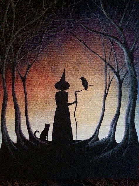 Halloween Painting Witches, Flying Witch Painting, Witch Silhouette Painting, Witch Painting Ideas Easy, Easy Witch Painting, Halloween Witch Painting, Spooky Watercolor Art, Witch Painting Canvas, Witch Painting Ideas