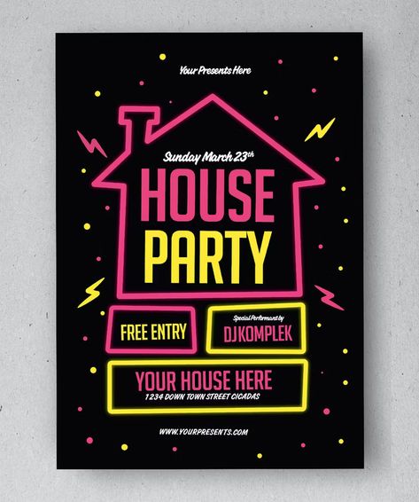 House Party Flyer Design, House Party Poster, House Party Flyer, Party Flyer Design, Event Posters, Party Flyer Template, Party Tickets, Packaging Ideas Business, Nightclub Party