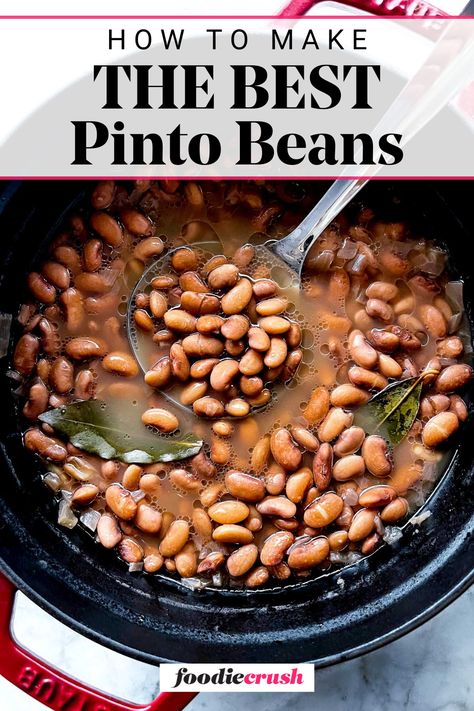 This pinto beans recipe with dried pinto beans is so easy on the stovetop, and makes the most flavorful, delicious, creamy pinto beans ever, Pinto Beans Recipe Stovetop, Creamy Pinto Beans, Soaking Pinto Beans Overnight, Dry Pinto Beans Recipe, Crockpot Pinto Beans No Soak, Best Pinto Bean Recipe, Pinto Beans Crockpot, Pinto Beans Stove Top, Vegan Pinto Beans