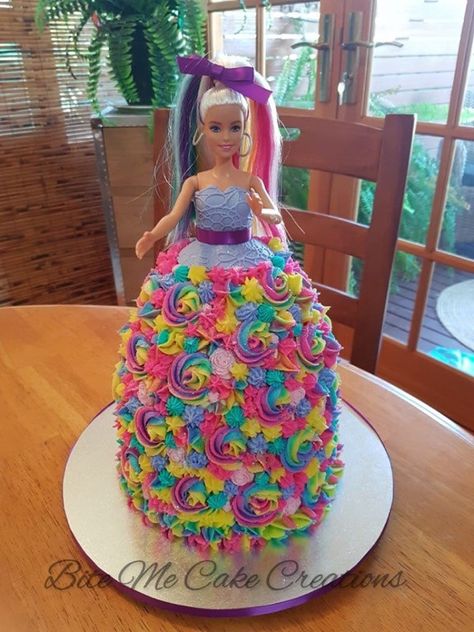 Rainbow Barbie Cake, Barbie Cake Rainbow Dress, Barbie Skirt Cake, Easy Barbie Cake Simple, Rainbow Barbie, Birthday Cake Barbie Doll, Barbie Skirt, Fondant Barbie Doll Cake, Barbie Doll Birthday Cake