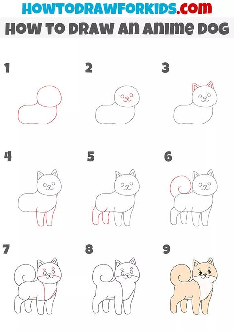 Anime Dogs Drawing, Anime Dog Drawing, Animae Drawings, Dog Drawing Easy, Chibi Dog, Anime Dog, Dog Drawing Simple, Sketching Tips, Draw Animals